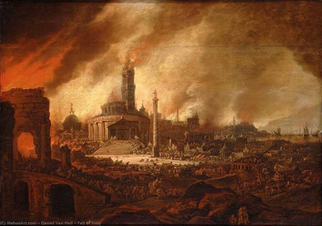 Painting of the burning city of Troy by 17th century painter, Daniel van Heil