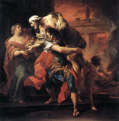 Painting of Aeneas carrying his father, Anchises, from Tory. Painted by Carle van Leo in the 18th century.