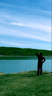 Image of Alex Benarzi looking out at a pond, back to the camera, with left hand shielding his eyes from the sun.