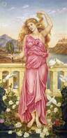 Painting of Helen of Troy by Evelyn de Morgan, in 1898. She is playing with her hair, surrounded by flowers.