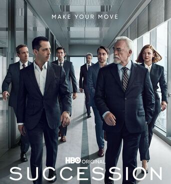 Promo for the HBO show, Succession, showing the main cast walking down a hall
