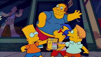Image from The Simpsons, where Bart, Millhouse, and Martin fight over a comic book, while Comic Book Guy shuts teh door on them.